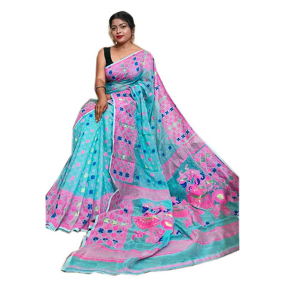BS Sky Blue & Pink Madhumita Cotton Dhakai Jamdani Saree