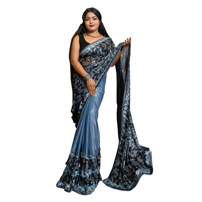 BS Deep Sky Blue & Black Soft Silk Saree With Richpallu & Blouse Piece