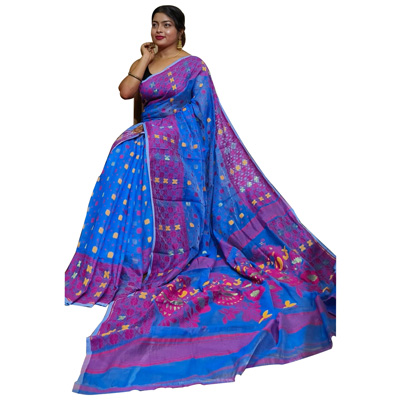 BS Royal Blue & Pink Madhumita Cotton Dhakai Jamdani Saree