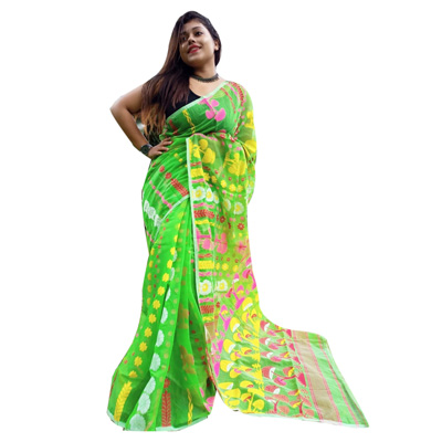 BS Parrot Green Colour Banger Chhata Dhakai Jamdani Cotton Saree 