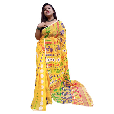 BS Yellow Colour Banger Chhata Dhakai Jamdani Cotton Saree
