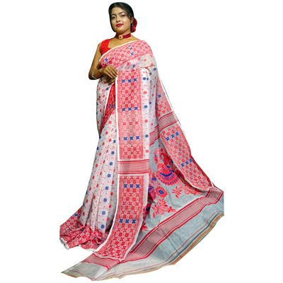 BS White & Red Madhumita Cotton Dhakai Jamdani Saree