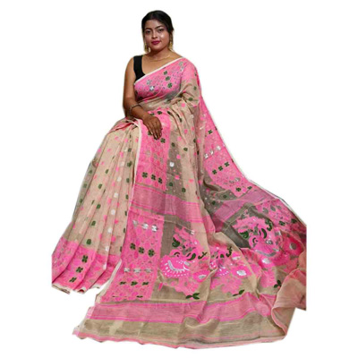 BS Baby Pink Madhumita Cotton Dhakai Jamdani Saree