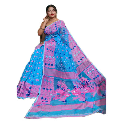 BS Deep Sky Blue & Pink Madhumita Cotton Dhakai Jamdani Saree
